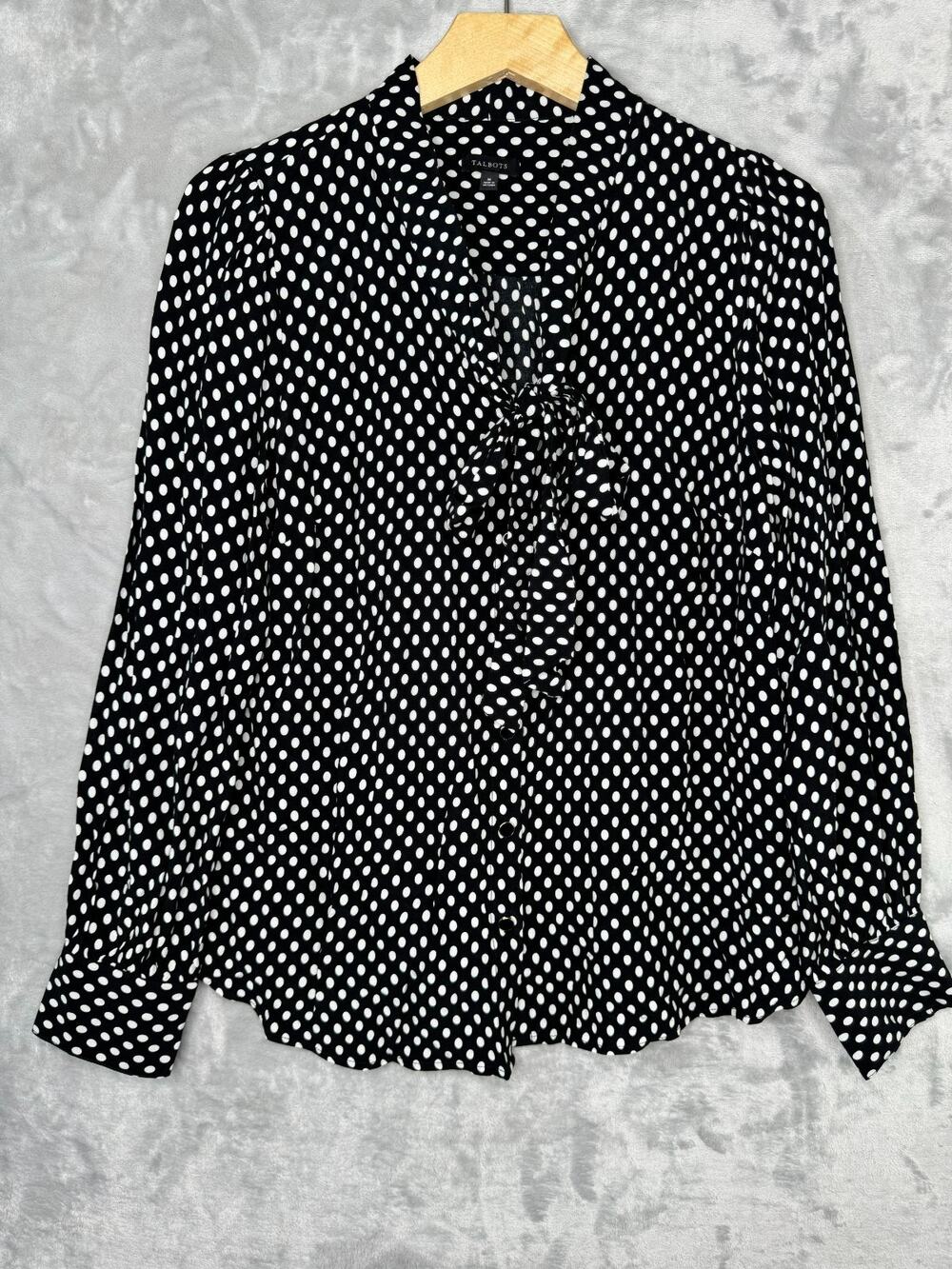Talbots Top Womens Medium Black White Polka Dot V Neck Attached Tie Long Sleeve